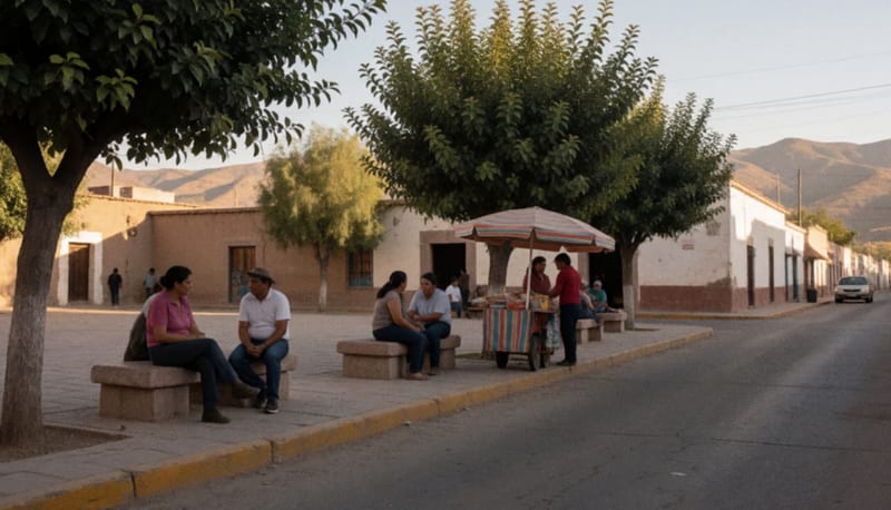 Plaza de un pueblo del norte de México con personas conversando en bancas bajo los árboles al atardecer