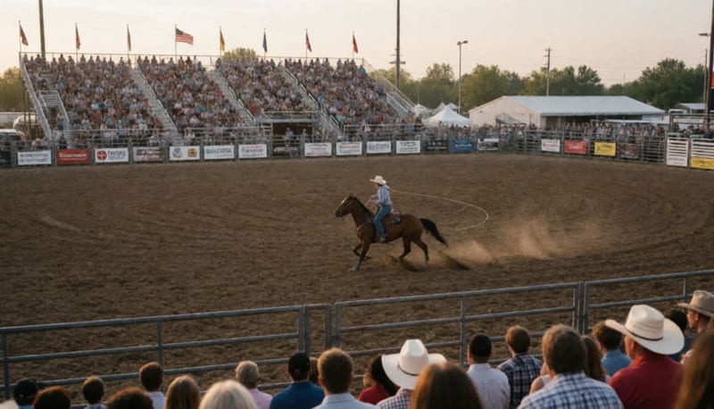 Arena de rodeo con un jinete a caballo y el público en las gradas
