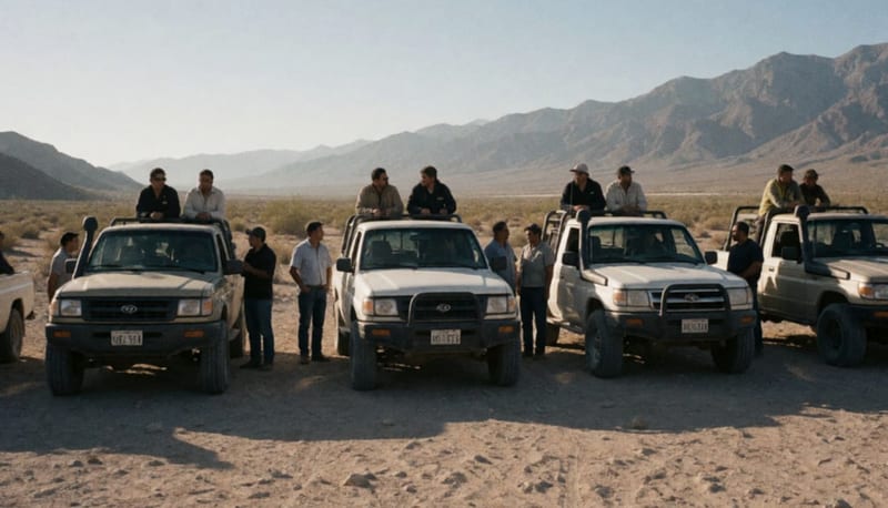 Vehículos todoterreno estacionados en el desierto de Casas Grandes con montañas al fondo