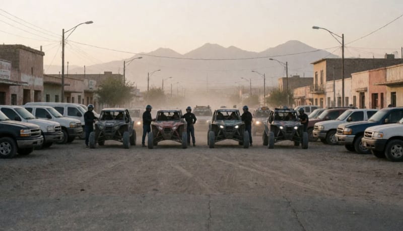 Vehículos todoterreno y buggies alineados en punto de partida del desierto al amanecer, pilotos preparándose para salida