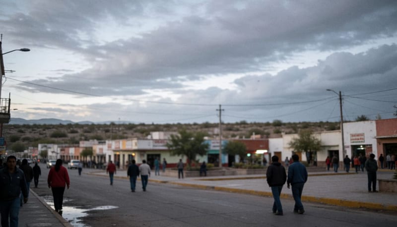 Calle de una localidad desértica con cielo nublado y charcos de lluvia en el pavimento