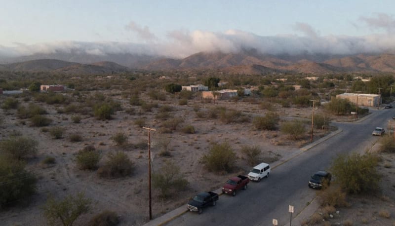 Calle vacía de un pueblo del norte con nubes bajas acumulándose sobre cerros áridos al amanecer