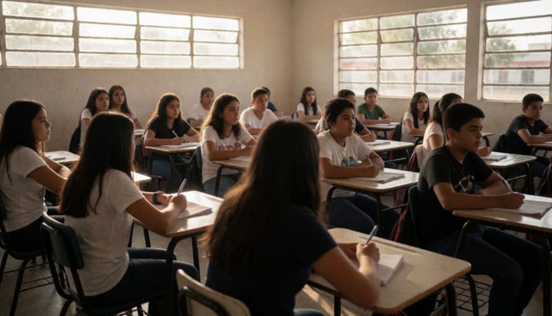 Estudiantes de preparatoria sentados en las bancas de un aula escolar, atentos durante una sesión de capacitación sobre prevención