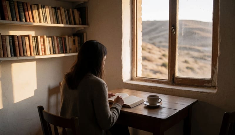 Mujer de espaldas sentada junto a una ventana con un libro abierto y una taza sobre una mesa de madera