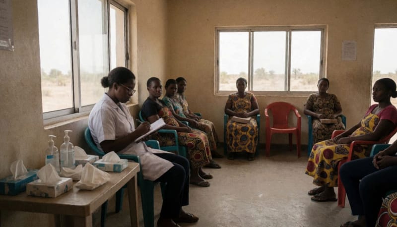 Interior de una clínica con pacientes esperando atención en una sala de espera