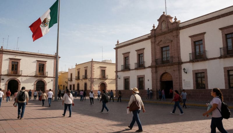 Plaza principal de Hidalgo del Parral con edificios coloniales y banderas mexicanas ondeando