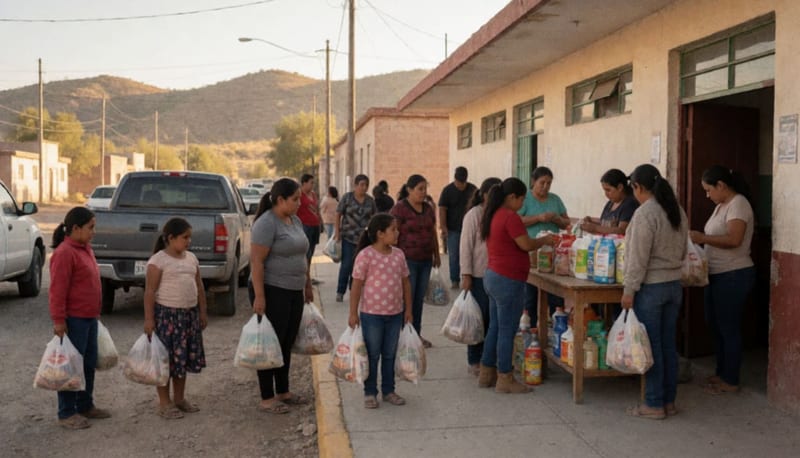 Familias adquiriendo productos subsidiados frente a la telesecundaria de San Ignacio al atardecer