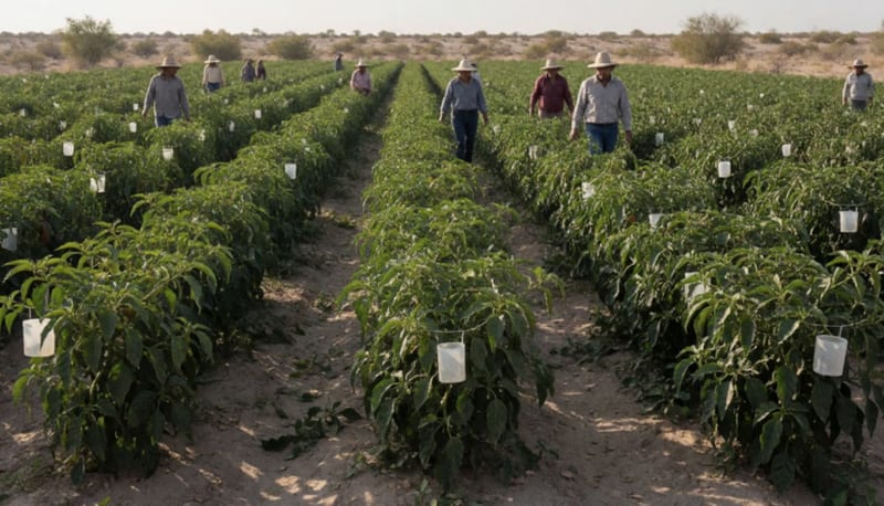 Cultivos de chile en filas bajo el sol del desierto chihuahuense con trampas de monitoreo instaladas entre las plantas