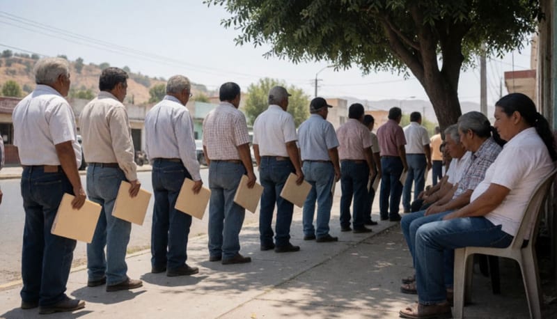 Trabajadores de edad avanzada formados en una banqueta soleada, algunos con folders y otros sentados en sillas de plástico bajo un árbol