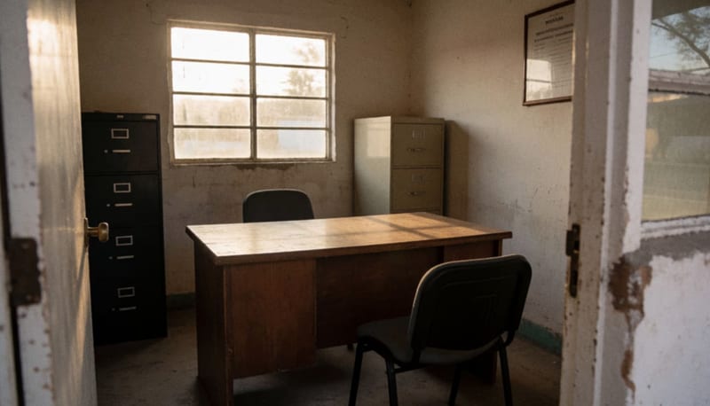 Espacio de oficina con escritorio y archivadores en un edificio municipal de Camargo