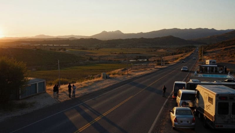 Viajeros detenidos en la carretera federal, con viñedos y montañas del desierto al fondo en la región de Satevó