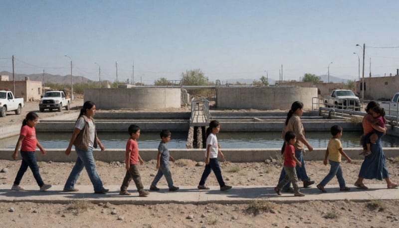 Grupo de niños y familias recorriendo las instalaciones de tratamiento de agua en el desierto de Chihuahua