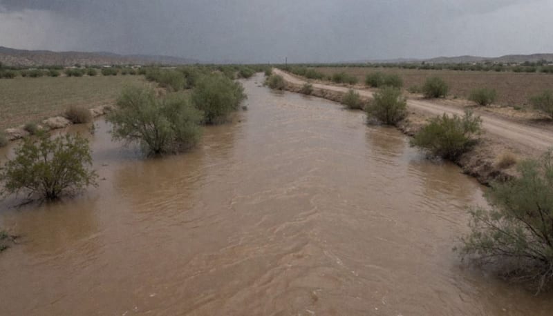 Río crecido de aguas cafés desbordándose sobre terreno plano bajo un cielo gris