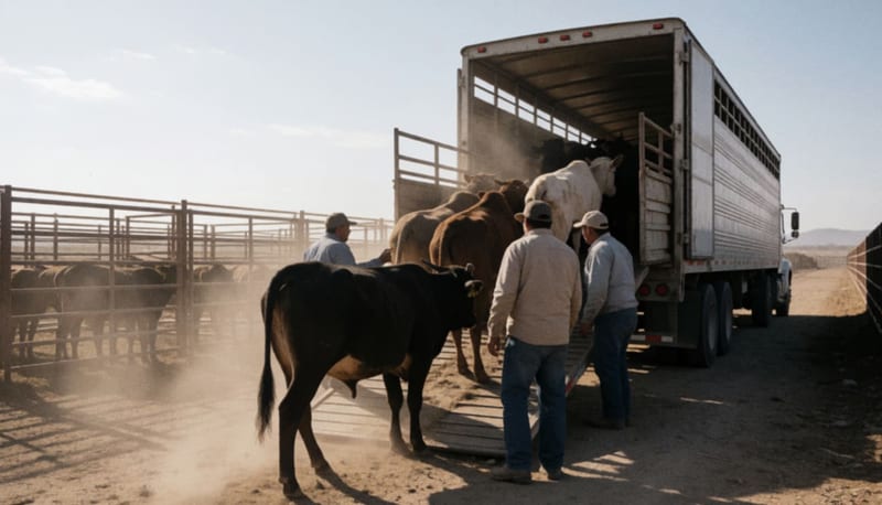 Ganado bovino siendo cargado en un camión de transporte en una zona ganadera del desierto chihuahuense