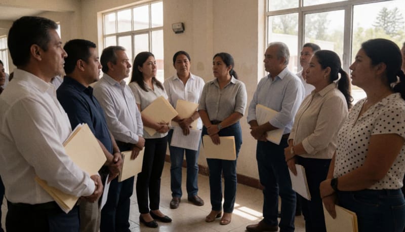 Líderes empresariales y sociales en los pasillos de un juzgado local mostrando documentos de demanda
