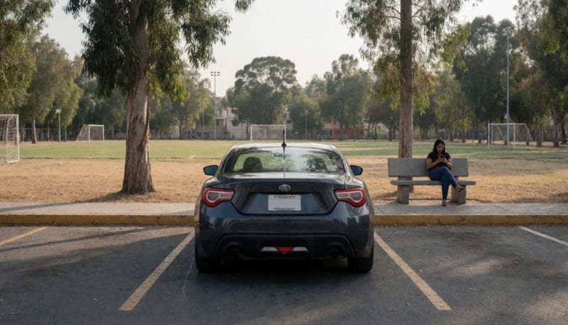 Auto deportivo gris oscuro estacionado en un parque, con una mujer sentada a lo lejos en una banca
