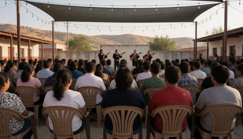 Multitud de adultos y adolescentes sentados bajo un toldo en el patio de una escuela mientras un grupo de mariachi toca al fondo