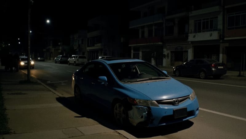Automóvil azul con daños en la salpicadera estacionado en una calle de Camargo durante la noche