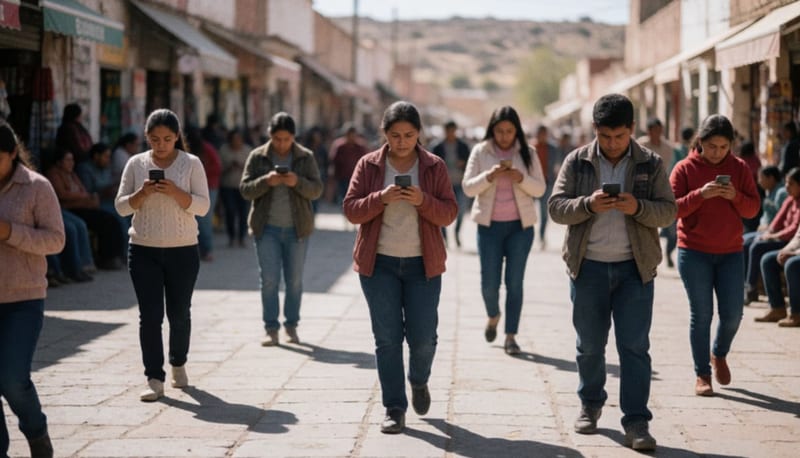 Personas en una plaza consultando sus teléfonos celulares bajo el sol del mediodía en una ciudad del norte de México