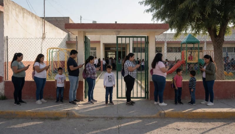 Padres y estudiantes en la entrada de una escuela de Camargo durante el regreso a clases del ciclo escolar