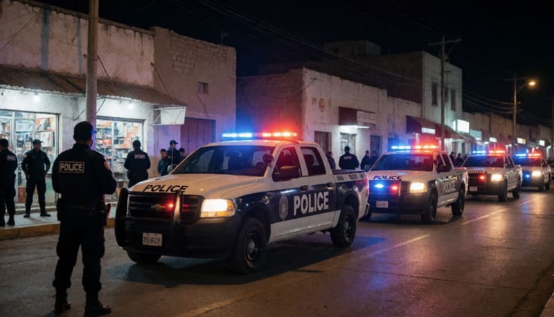 Patrullas con luces activadas durante un operativo nocturno en una calle de la capital chihuahuense