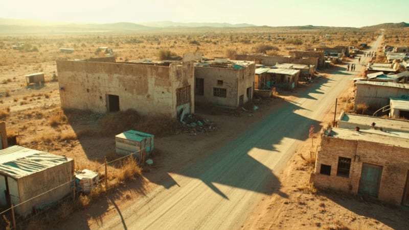 Estructura antigua rodeada de asentamientos informales en zona árida del norte de México