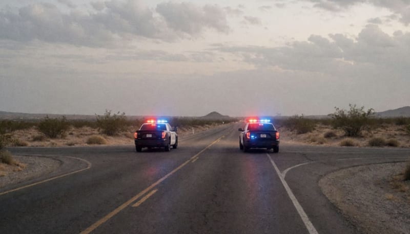 Patrullas estacionadas en una carretera desértica del noroeste al atardecer con luces de emergencia