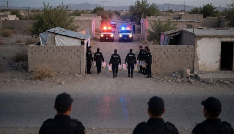 Operativo nocturno con elementos de seguridad frente a un albergue en zona desértica del norte de México