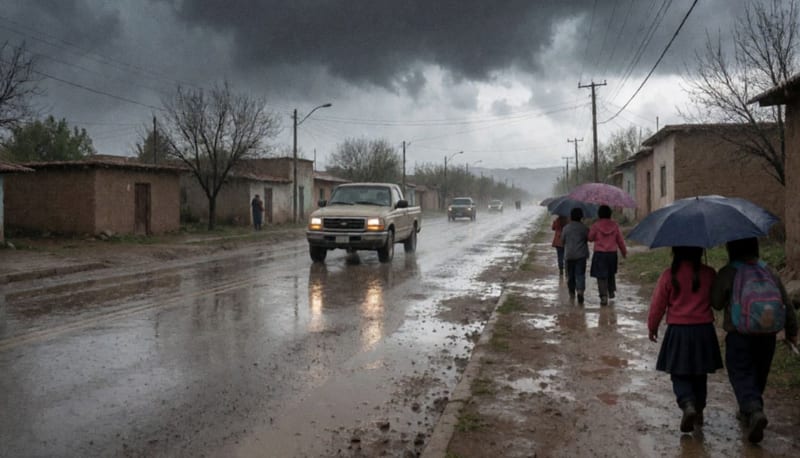 Camino mojado de un pueblo del norte de México bajo nubes oscuras, con una camioneta y niños con paraguas caminando