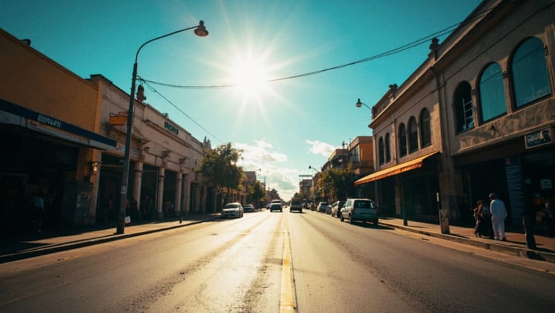 Avenida soleada del centro de Chihuahua con cielo despejado y calor intenso reflejado en el pavimento