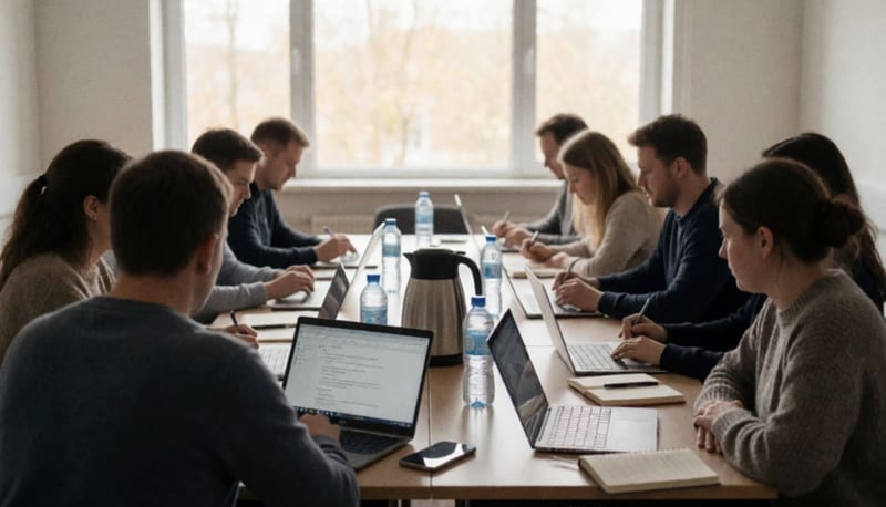 Grupo de personas sentadas de espaldas ante una mesa larga con laptops y cuadernos en una sala luminosa