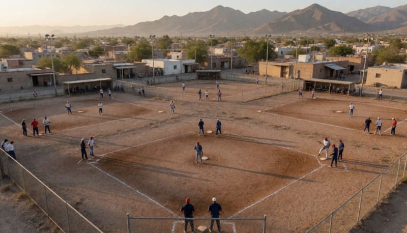 Campos de beisbol en Parral con jugadores de categoría gran máster preparándose para jugar al atardecer