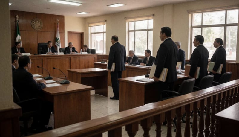 Interior de una sala de audiencias con abogados y personal judicial durante una sesión
