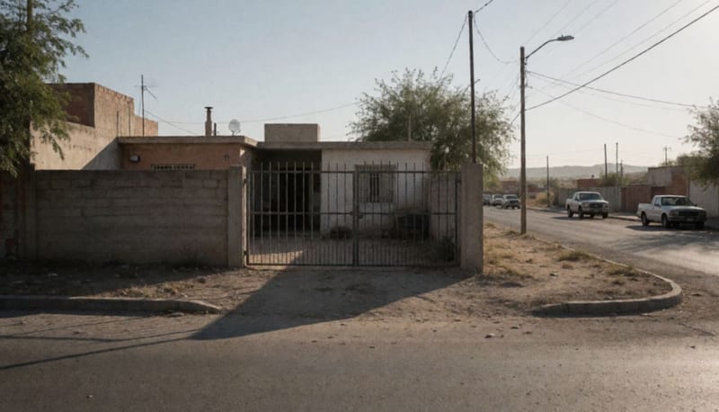 Vivienda de una colonia residencial en la ciudad, vista desde la calle con muros de concreto y portón metálico