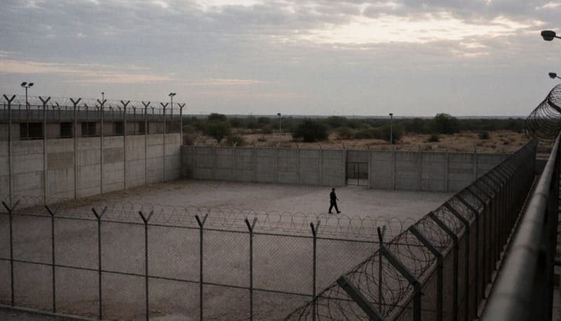 Patio de una instalación penitenciaria con muros altos y cerco de seguridad al amanecer en el desierto