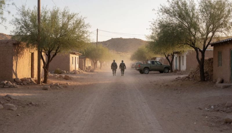 Camino de terracería en un pueblo rural del desierto con casas de adobe y soldados lejanos vistos de espaldas al atardecer