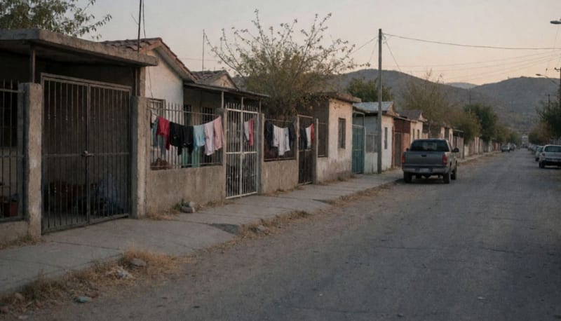 Calle residencial de una colonia en un pueblo del norte mexicano al atardecer
