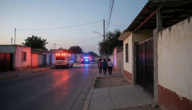 Calle residencial de Delicias al atardecer con luces de emergencia reflejadas en el pavimento