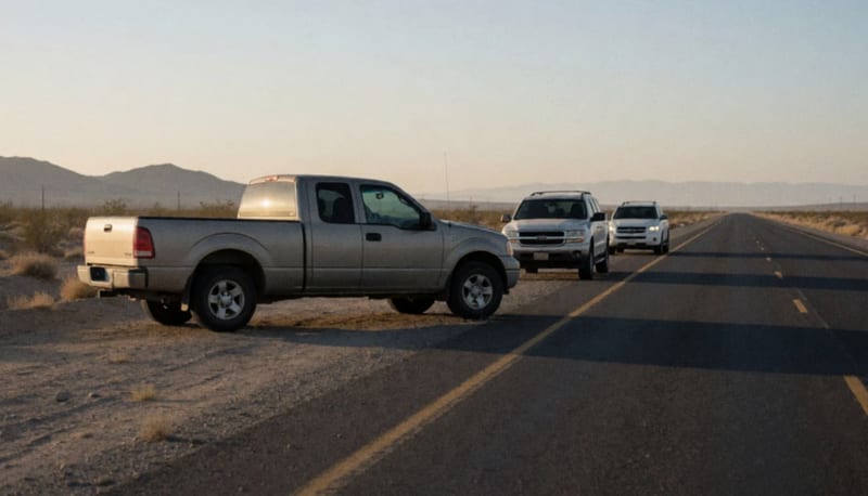 Camioneta detenida en una carretera desértica durante el amanecer, con vehículos de respuesta en la distancia