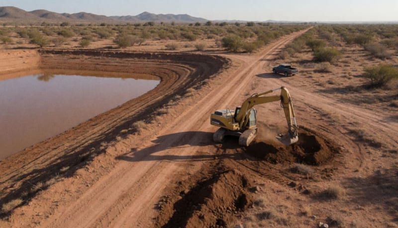 Excavadora trabajando en un camino de terracería junto a un bordo seco en un paisaje árido con cerros al fondo