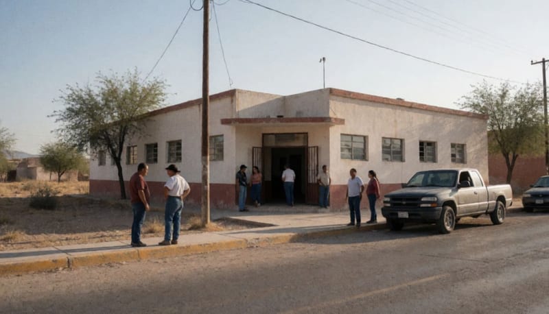 Personas fuera de las instalaciones de una institución de salud en una ciudad desértica del norte de México