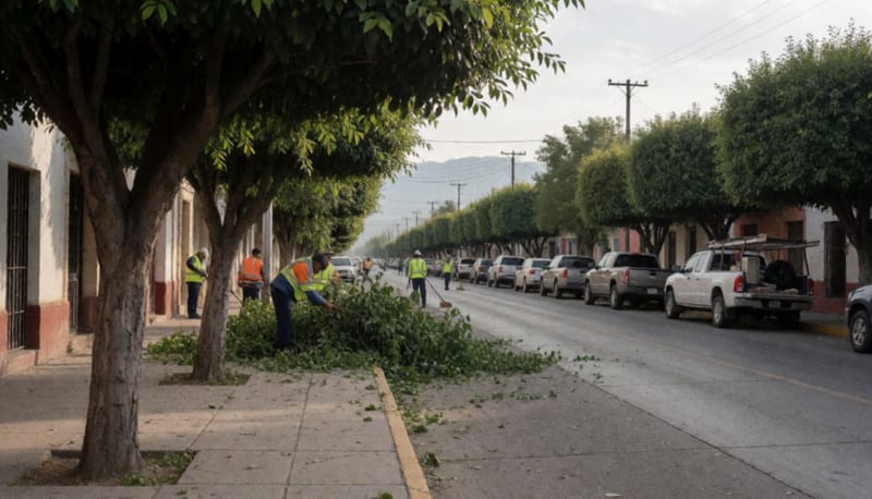 Trabajadores municipales realizando tareas de poda y limpieza en una avenida arbolada de la ciudad