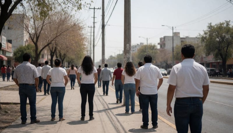 Grupo de personas caminando de espaldas por una avenida amplia en un día soleado