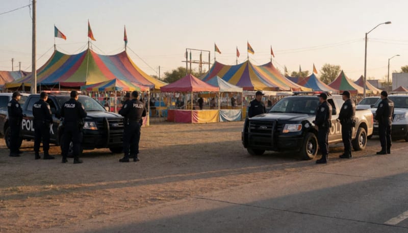 Efectivos de seguridad realizando operativos en los alrededores de un recinto ferial al atardecer