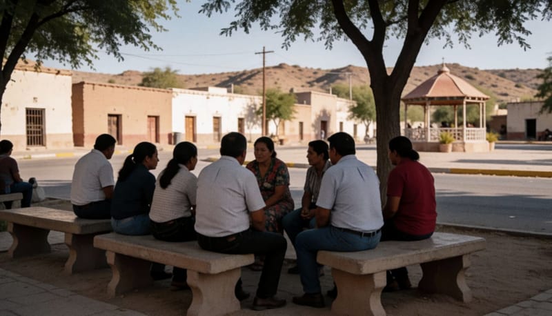 Grupo de personas conversando en una plaza arbolada de un pueblo del norte de México con cerros secos al fondo
