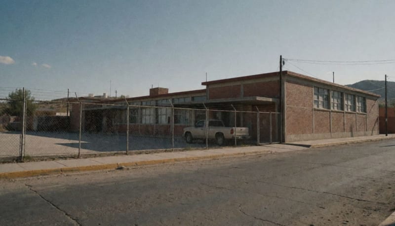 Fachada de una escuela con barda perimetral en una tarde soleada de Camargo