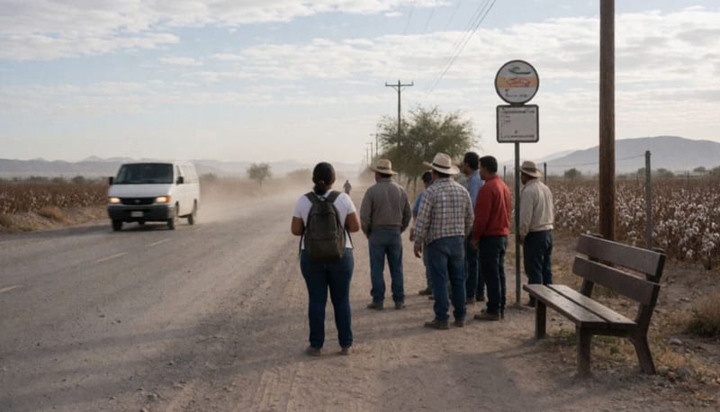 Personas esperando al borde de un camino rural en un valle desértico, junto a una banca vacía, al amanecer