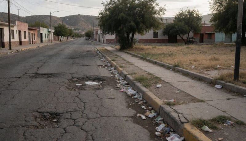 Calle con baches y basura junto a un parque de pasto seco, con cerros al fondo en una ciudad del norte