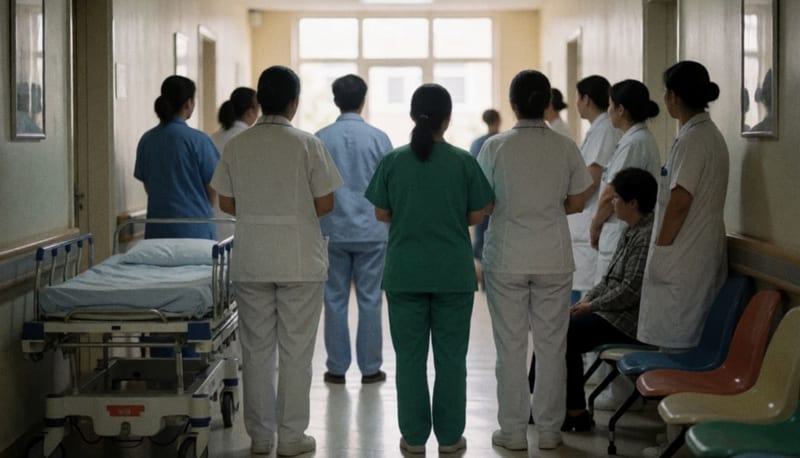 Grupo de trabajadores de hospital con uniforme sencillo, vistos de espaldas, reunidos en un largo pasillo con camilla y sillas de plástico