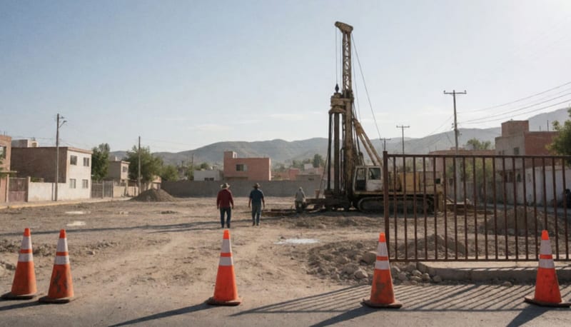 Equipo de perforación en un terreno polvoso junto a casas, con conos naranjas y cerros al fondo